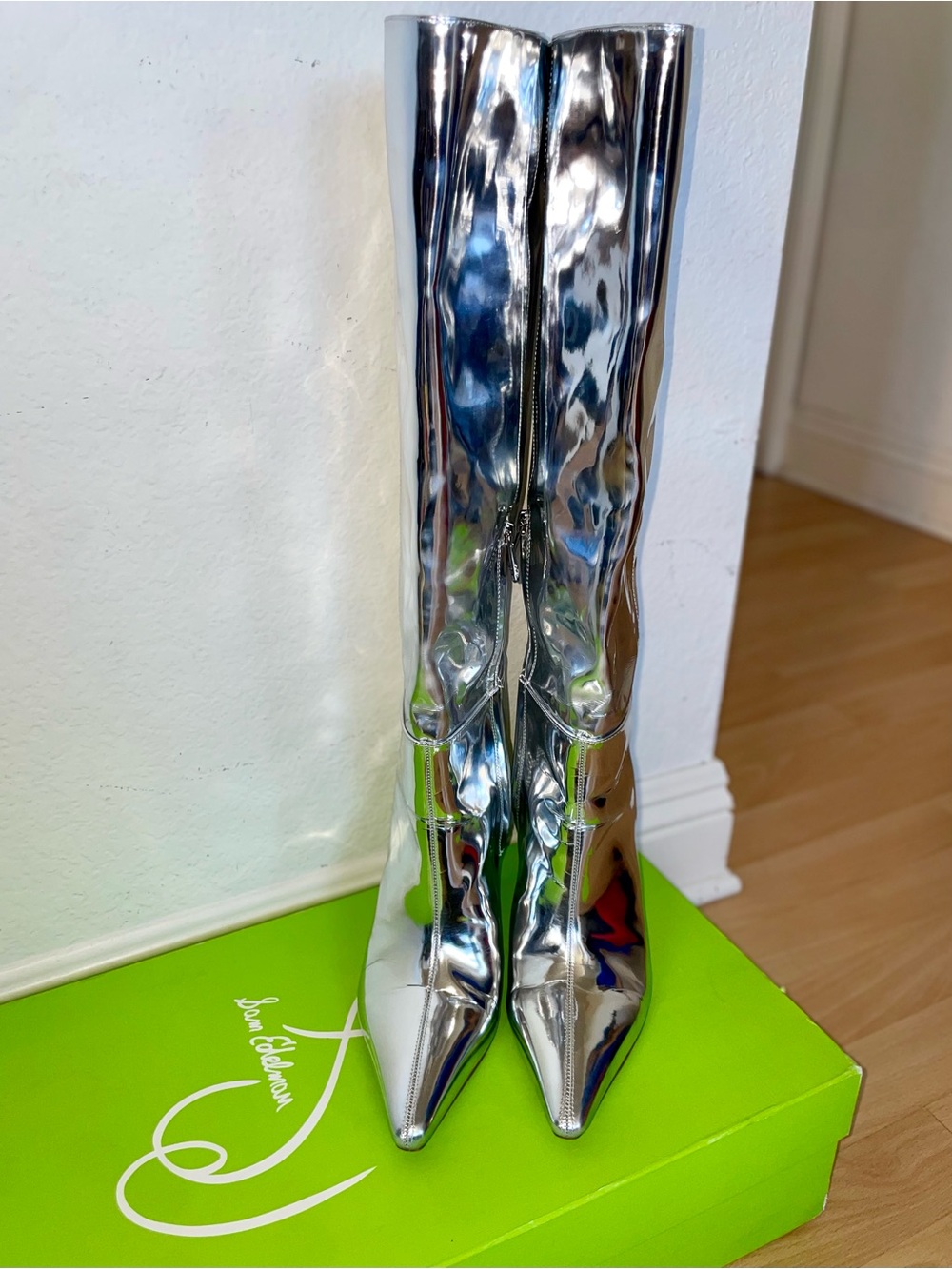 Sam Edelman Vance 2 Knee High Boots Silver Metallic Pointed Toe Block Heel - Picture 7 of 16